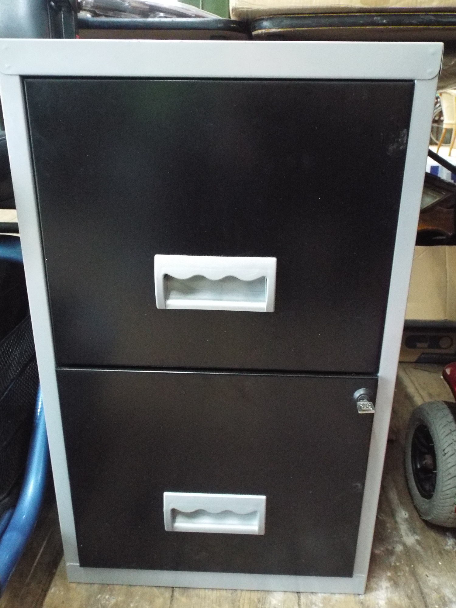 Two drawer metal grey and black filing cabinet