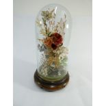 1930's vintage silk wedding bouquet beneath glass dome. Glass dome height with base 18cm.