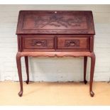 Chinese style rosewood bureau fitted two drawers with applied moulding standing on cabriole style