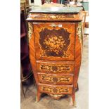 French marquetry inlaid secretaire abattant with gilt metal mounts and green marble top,