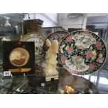 Three hand painted oriental plates together with an oriental soap stand and a leather photo frame