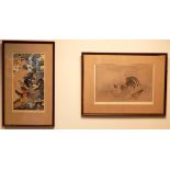 Two framed Japanese prints of Cockerels one 10"x15" the other 15"x81/2"
