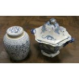 Chinese blue and white ginger jar with cover and a blue and white tureen