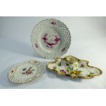 Three pieces of Dresden Meissen porcelain to include ribbon plate with puce and gilt decoration,