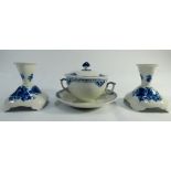 Royal Copenhagen pair of dressing table candlesticks and a covered soup bowl and saucer.