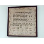 Am 18th century framed needlework sampler dated 1791 12" square