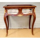 French style inlaid Kingwood bijouterie table with gilt metal mounts standing on cabriole legs,