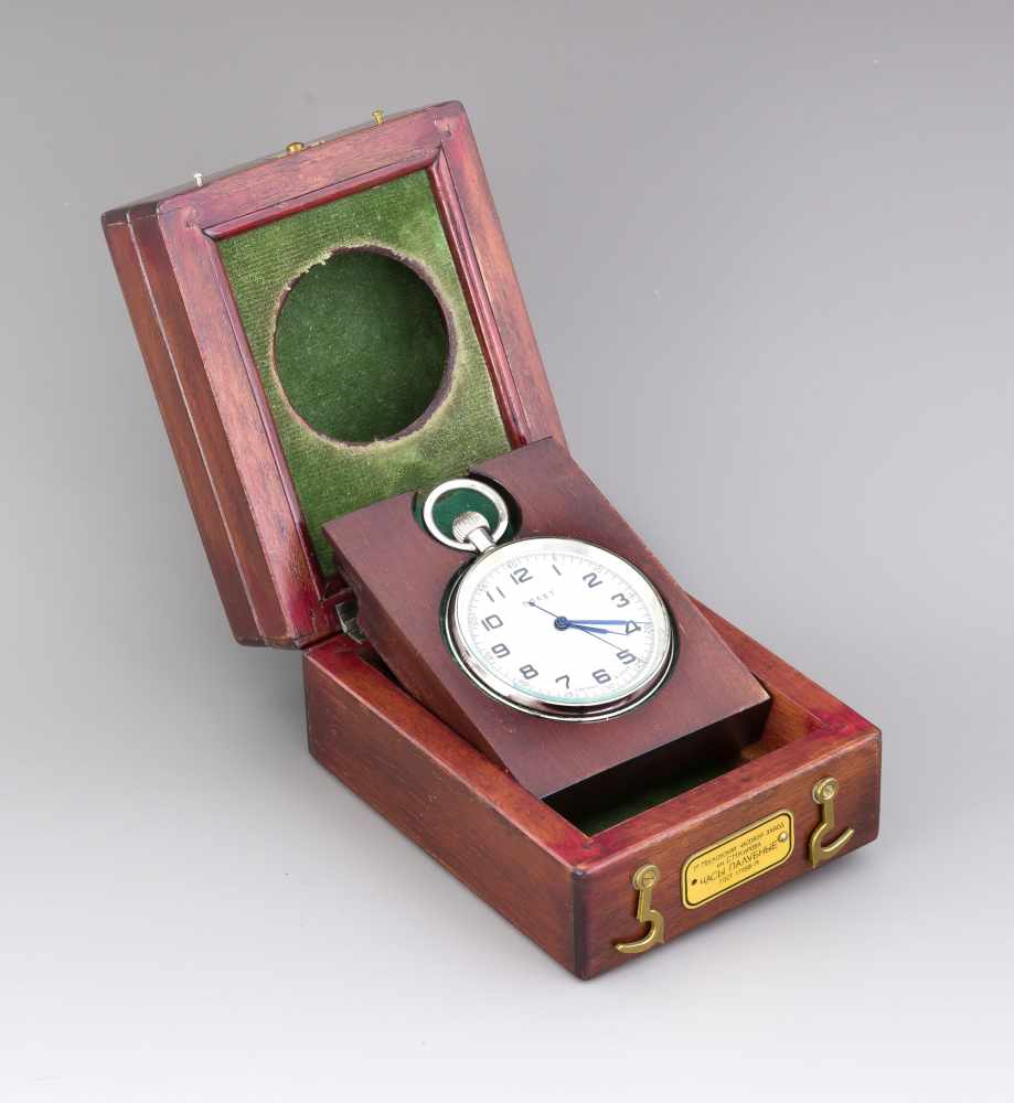 Decks-Chronometer, Polet (Poliot) UdSSR. Metallgehäuse vernickelt, Ø 6,3 cm. ArabischeZiffern,