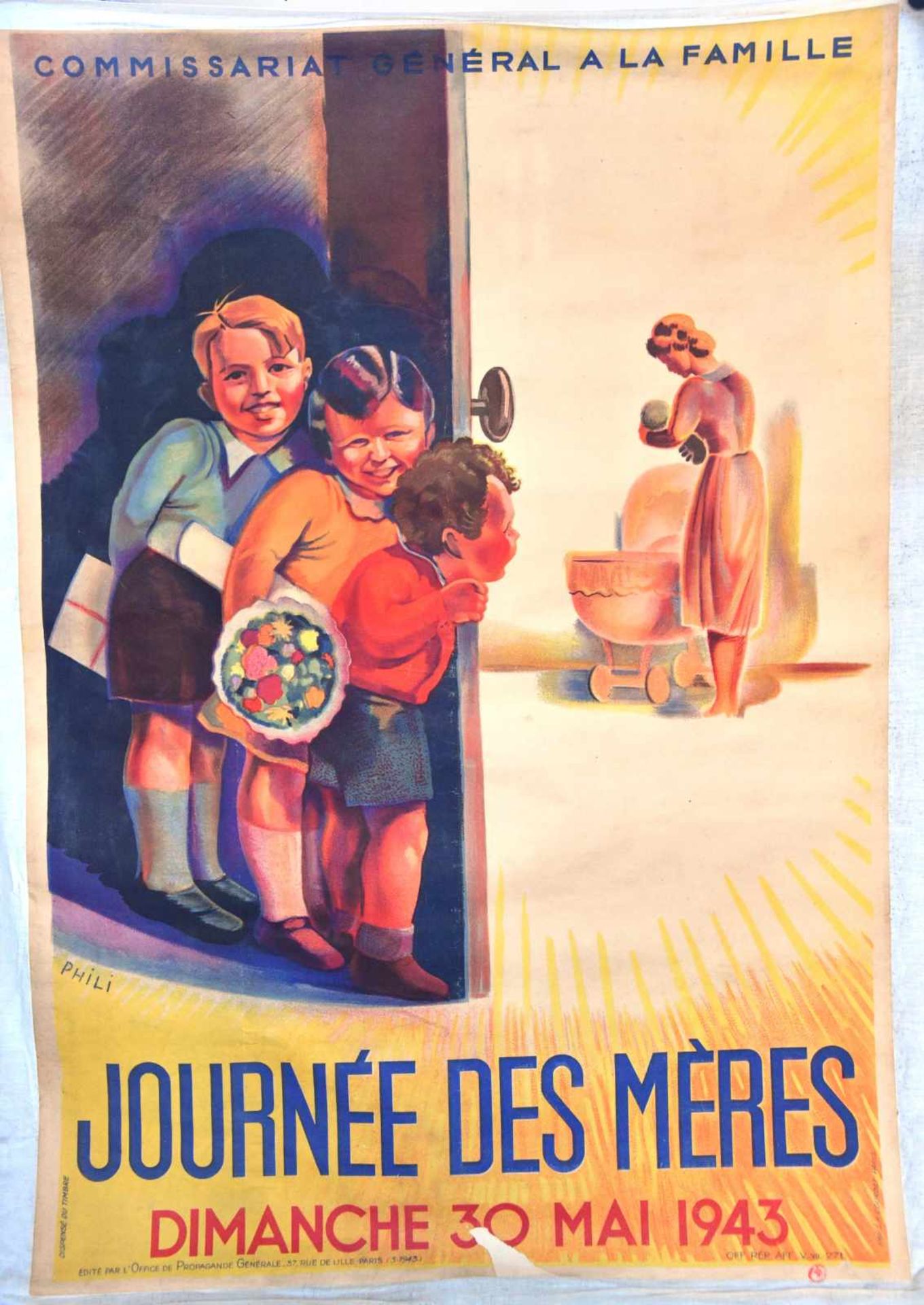 Affiche du Commissariat général de la Famille : Journée des mères, dimanche 30 mai 1943, illustrée