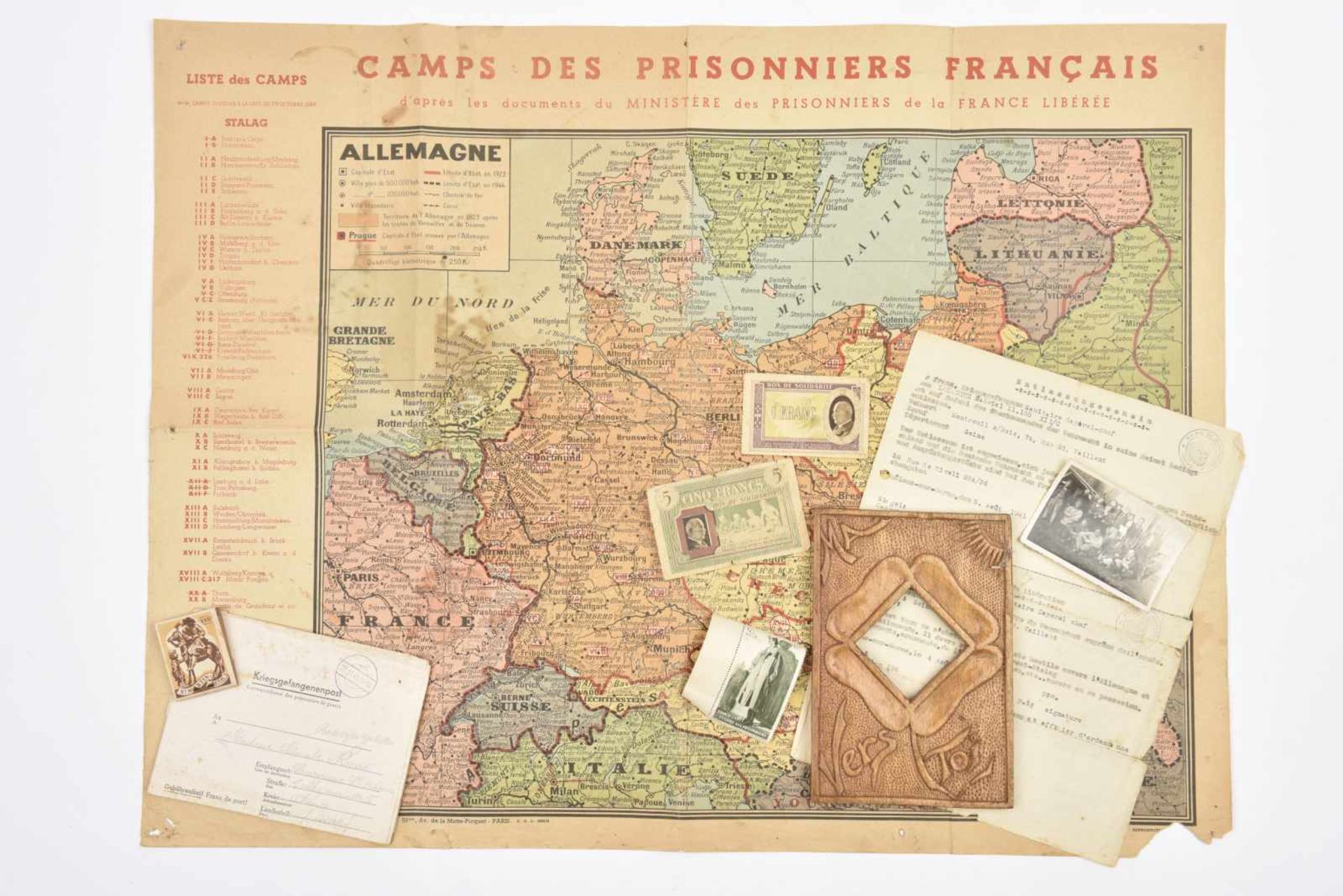 Lot concernant les prisonniers de guerre : carte situant les camps de prisonniers de guerre français