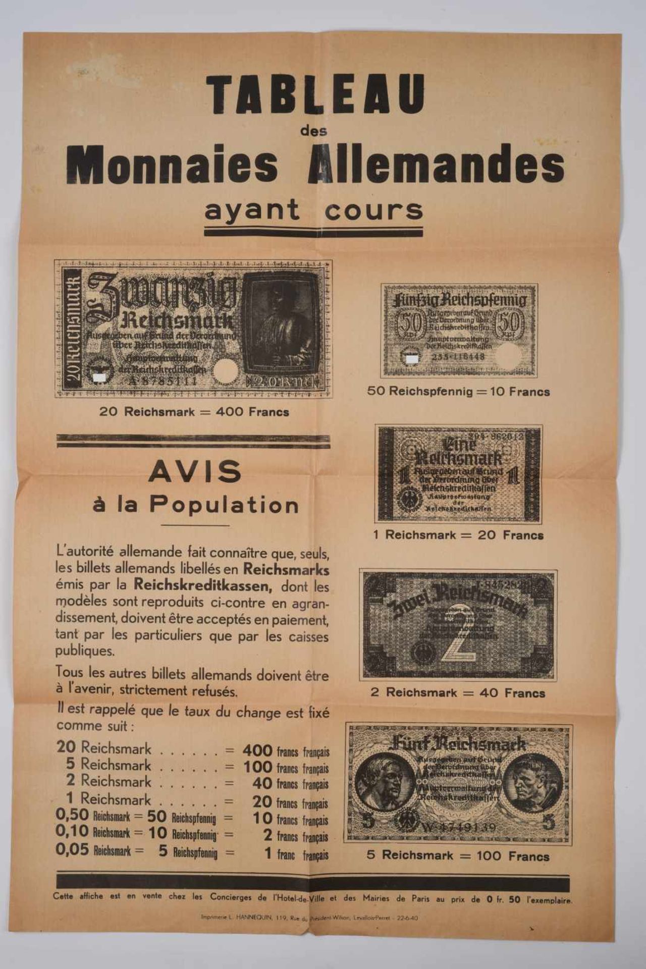 Affiche du cours monétaire rappelant le taux de change des monnaies Reichsmark/francs. Ainsi que les