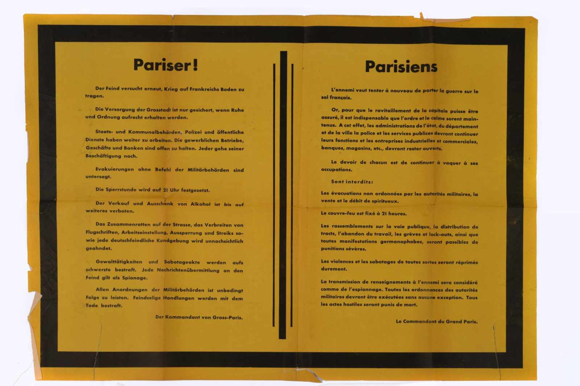 Affiche davis à la population parisienne sur fond jaune, rappelant aux parisiens les règles de