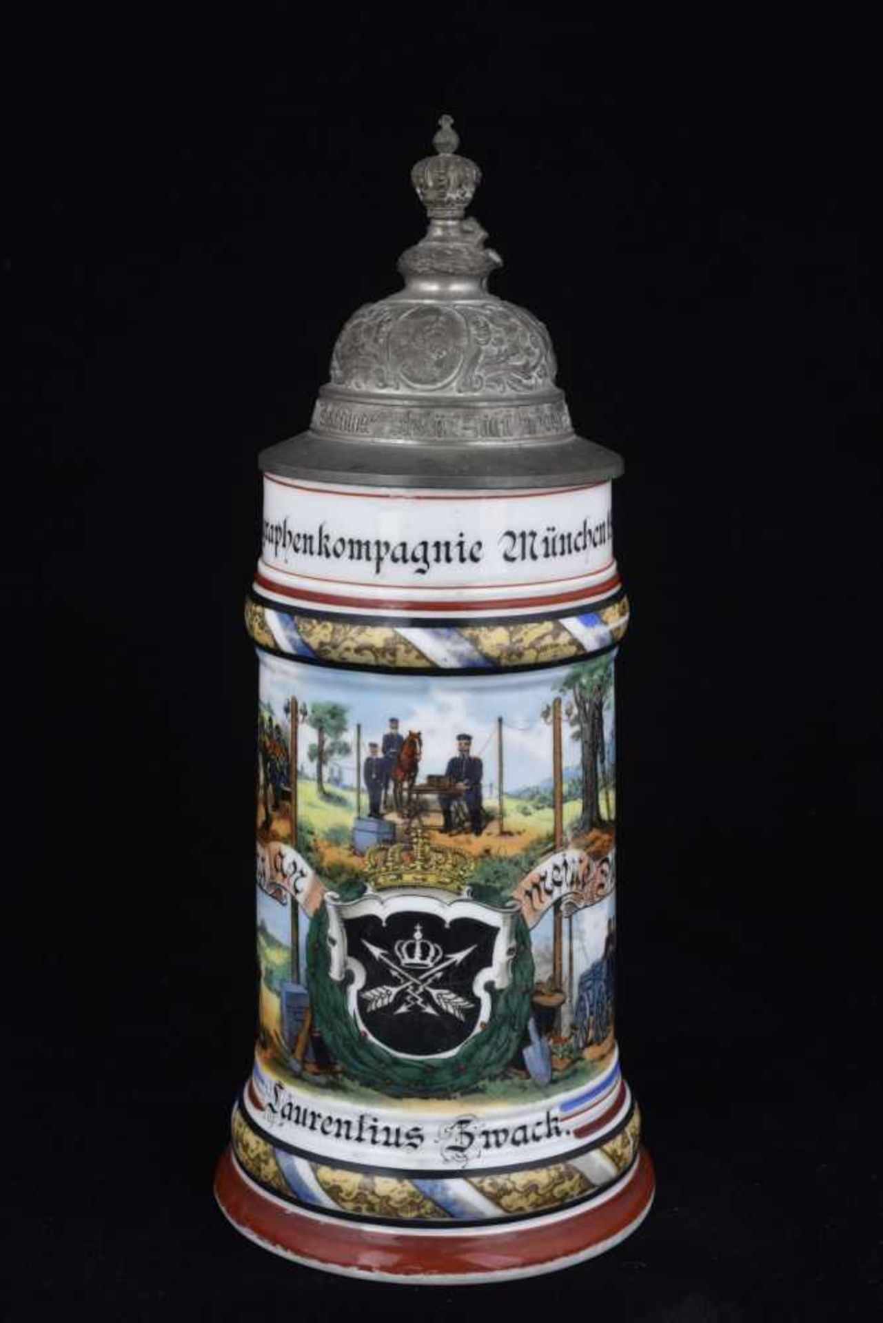 rare Chope de réserviste de Télégraphiste de Munich Chope en porcelaine d'un demi-litre attribuée