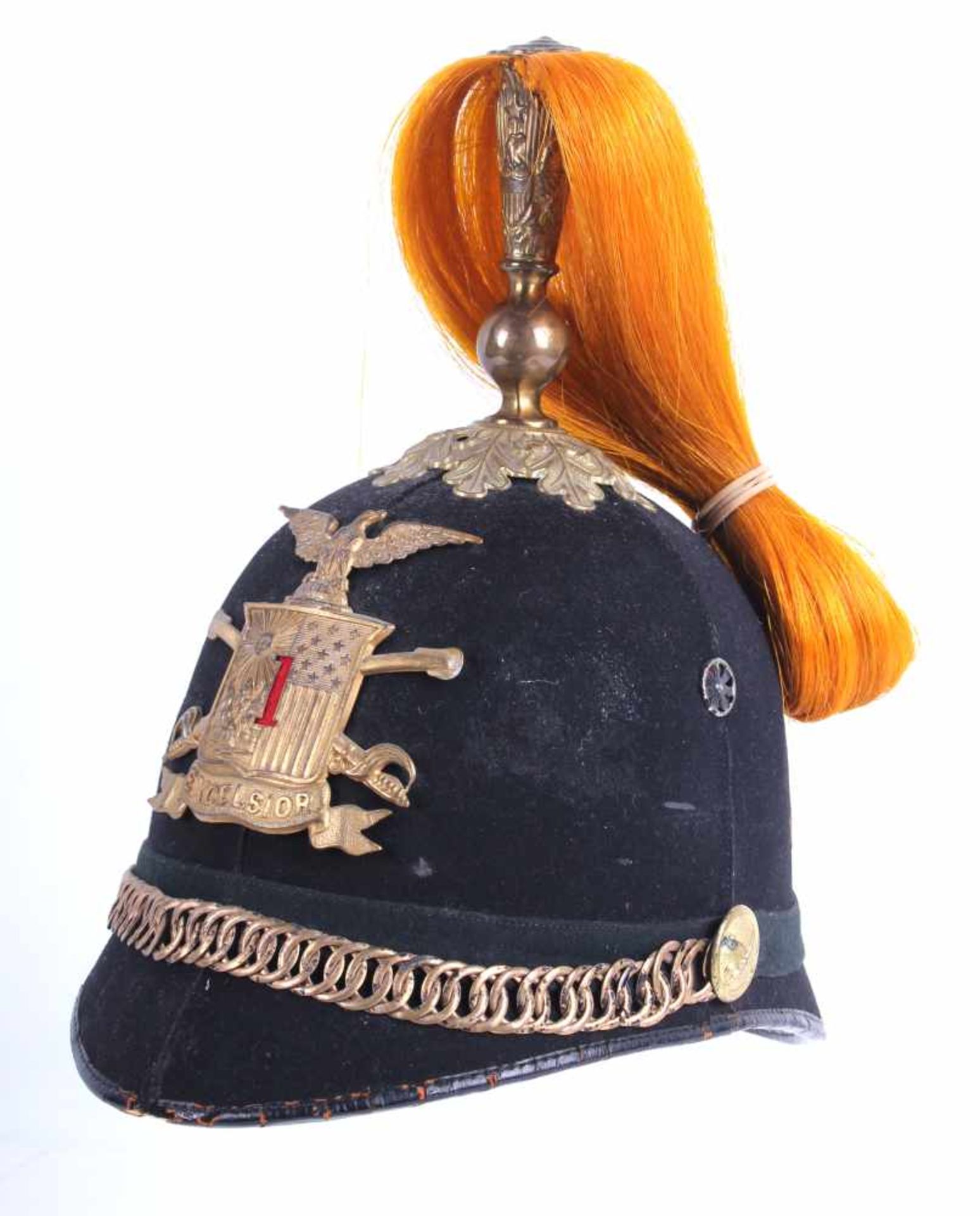 Casque d'officier de cavalerie du Régiment de New YorkEn velours noir, insignes et fausse