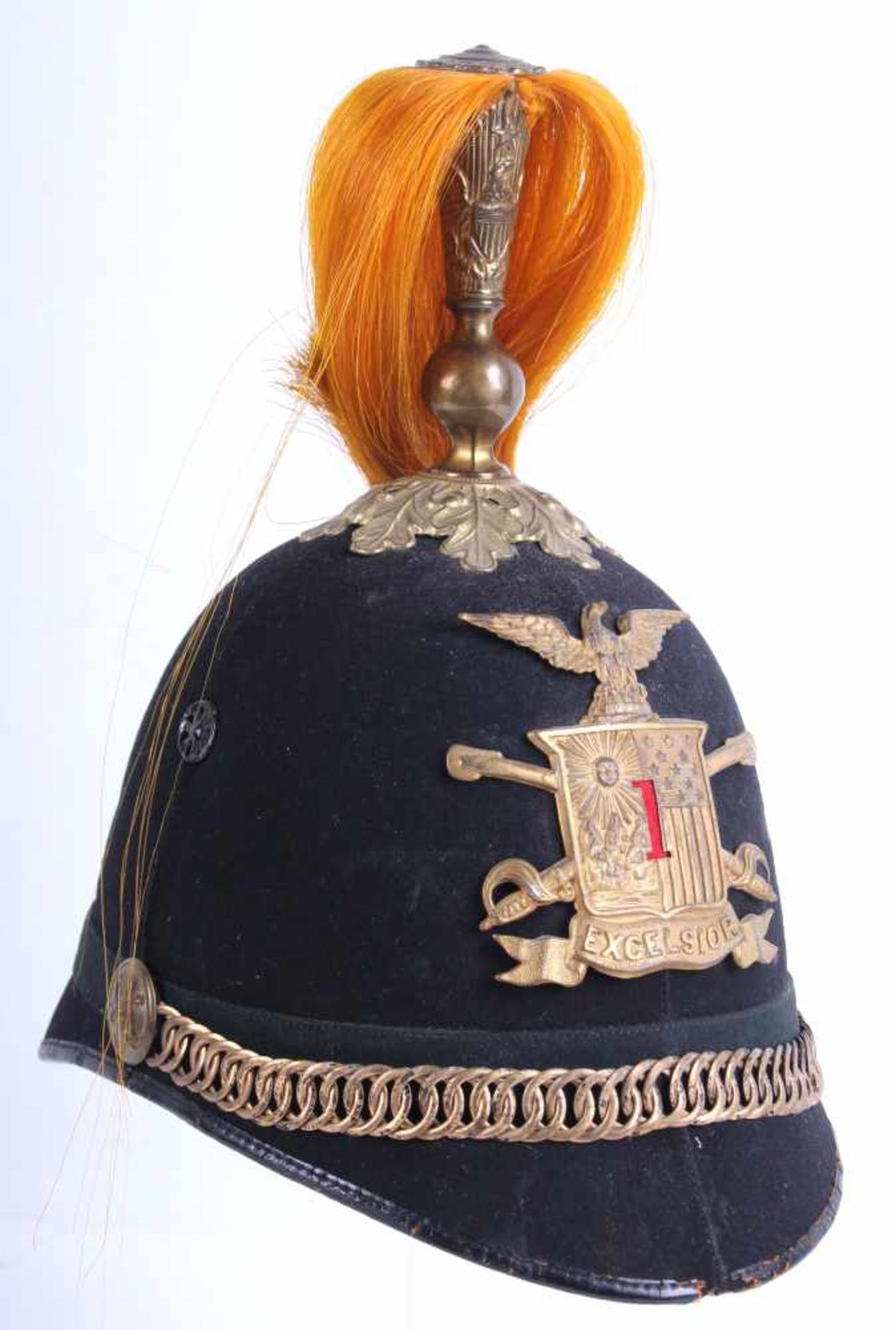 Casque d'officier de cavalerie du Régiment de New YorkEn velours noir, insignes et fausse - Bild 2 aus 4