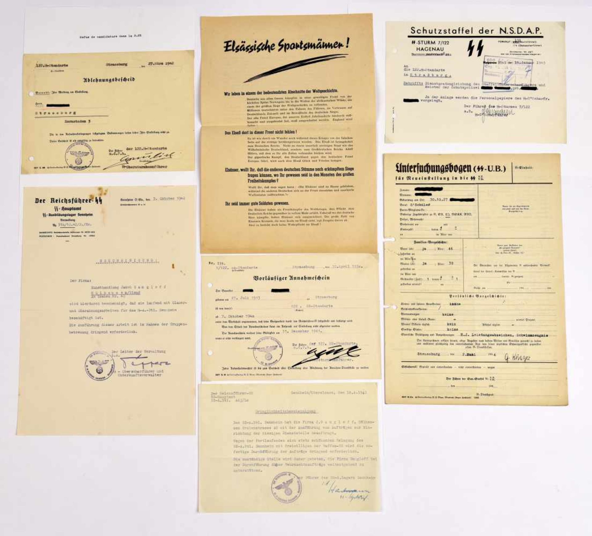 la SS en Alsace Ensemble de 6 documents comprenant l'inscription provisoire à la SS de Strasbourg (