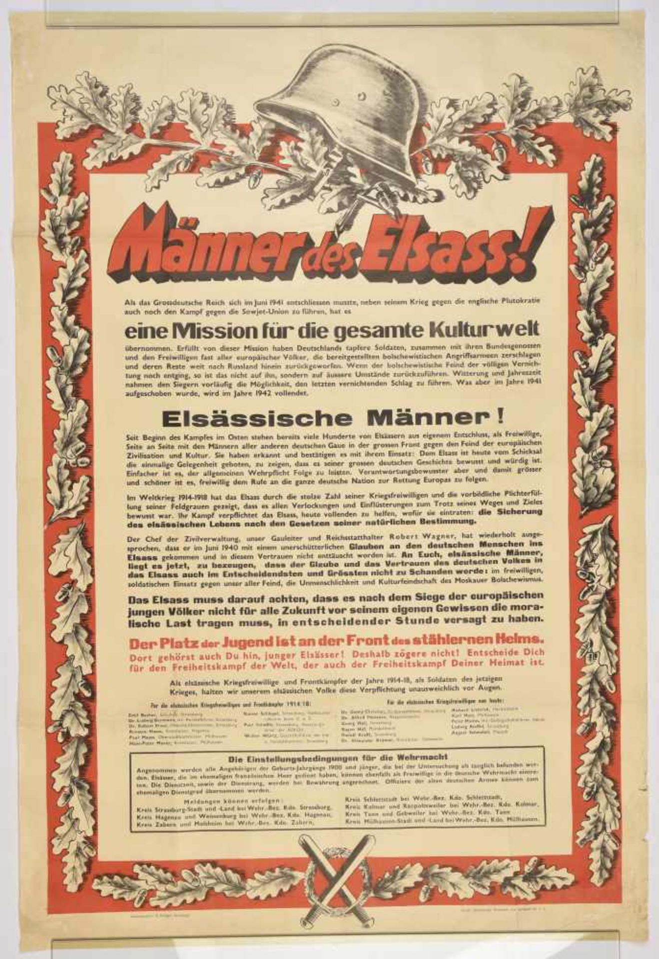 Affiche allemande pour l'Alsace Manner des Elsass ! , en couleur encadrée de feuilles de chênes et