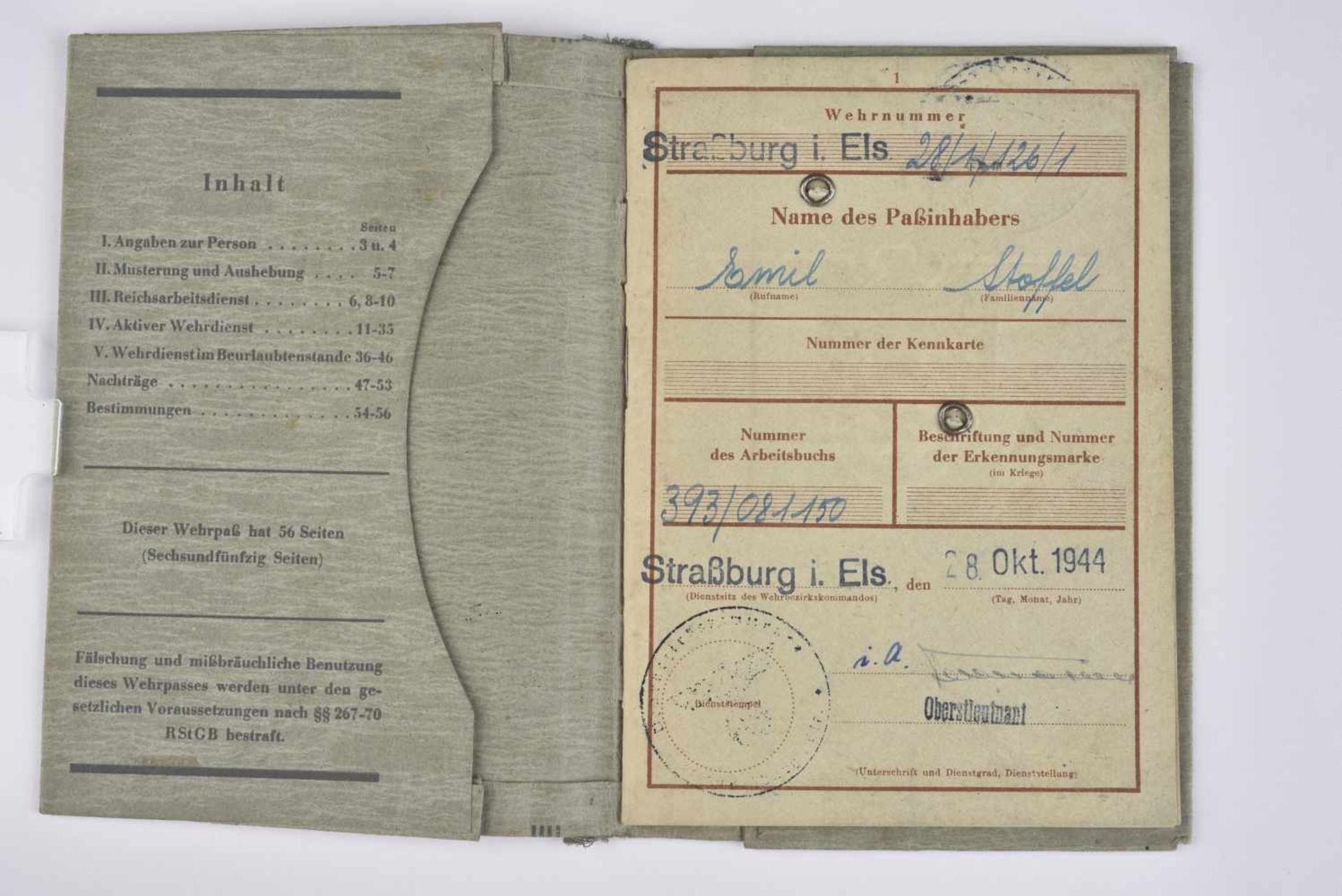 Wehrpass du soldat Emil Stoffel Livret ouvert le 28 octobre 1944, au nom de Emil Stoffel, originaire - Image 2 of 5