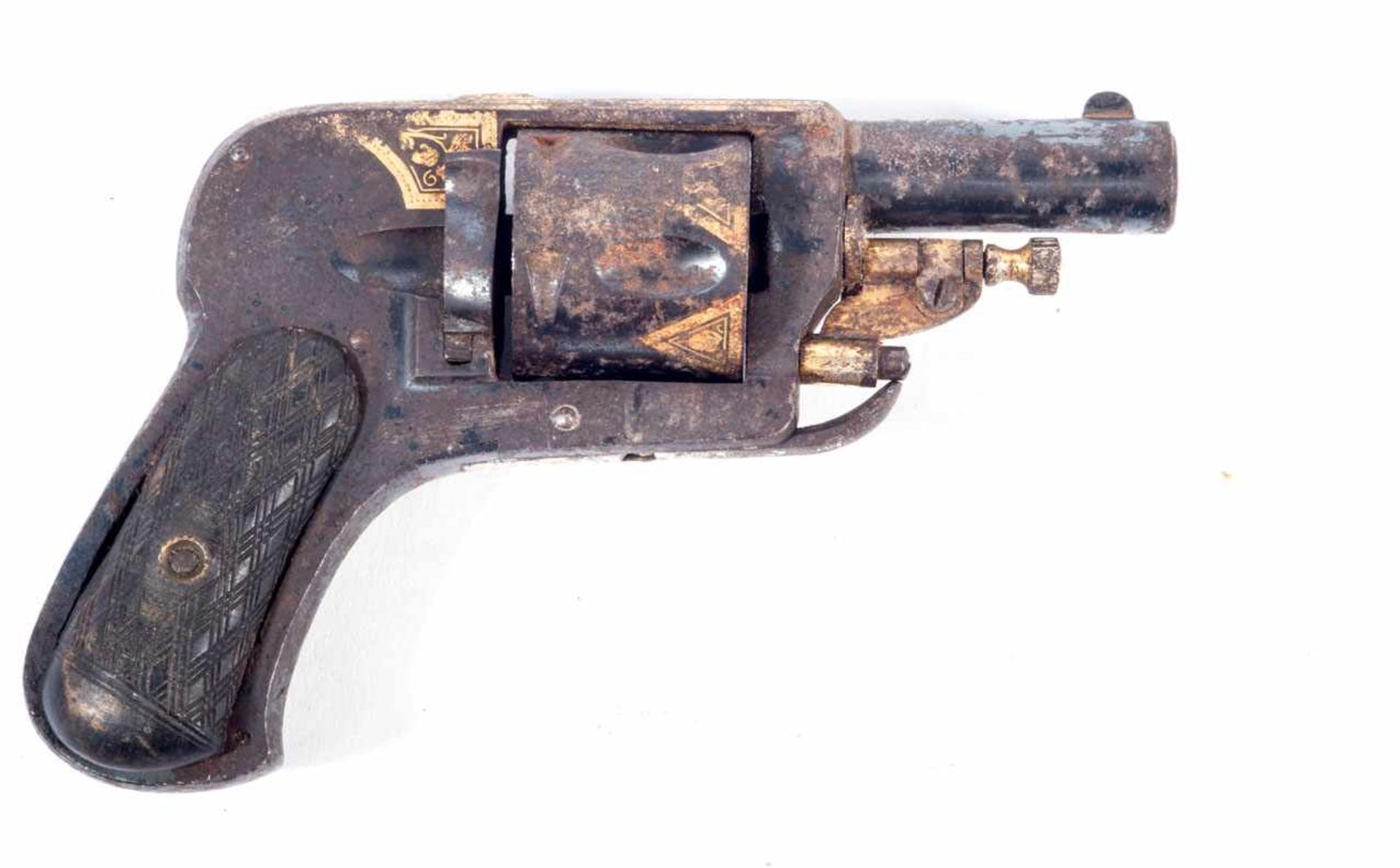 Revolver. Poignée en bakélite, reste de décors doré sur l'ensemble de l'arme, petit calibre, détente - Bild 3 aus 3