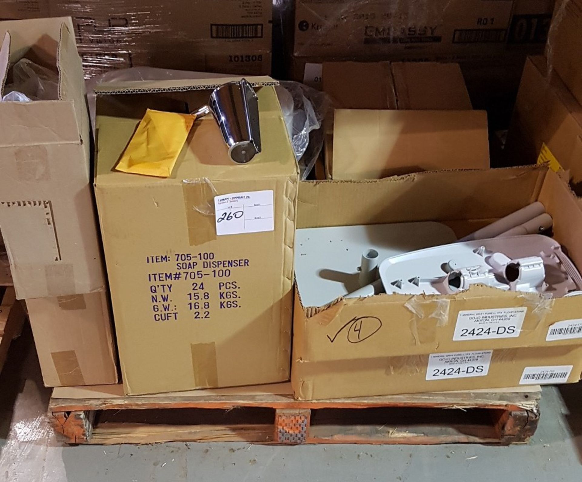 GUSO GREY FLOOR STAND - 2PCS, SILVER SOAP DISPENSER - 1 BOX x 24/BOX, PRODUCE ROLL 5X8 - 2 BOXES x