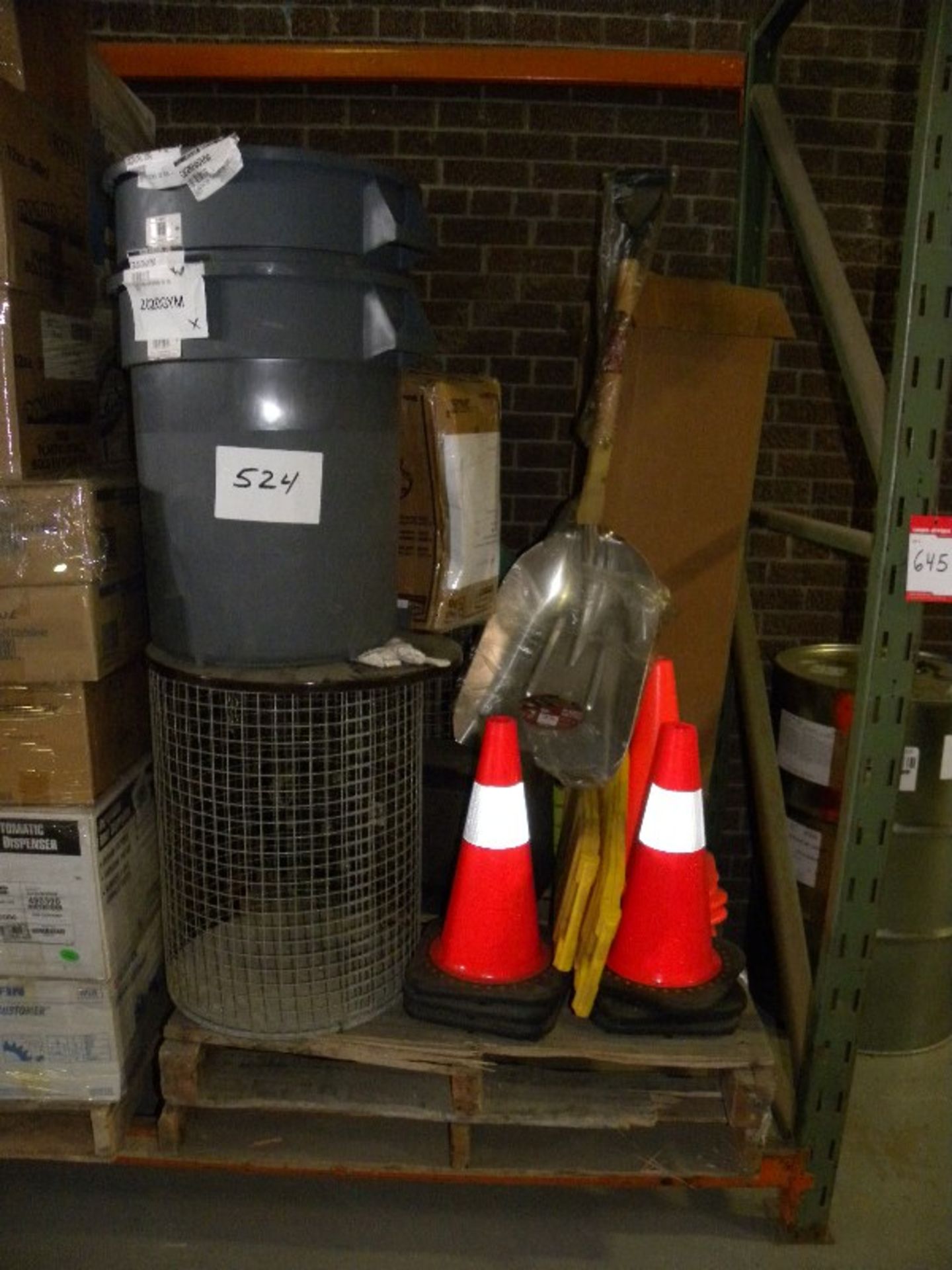 MIXED LOT OF RUBBER BINS/PYLONS/SHOVELS/CAGES