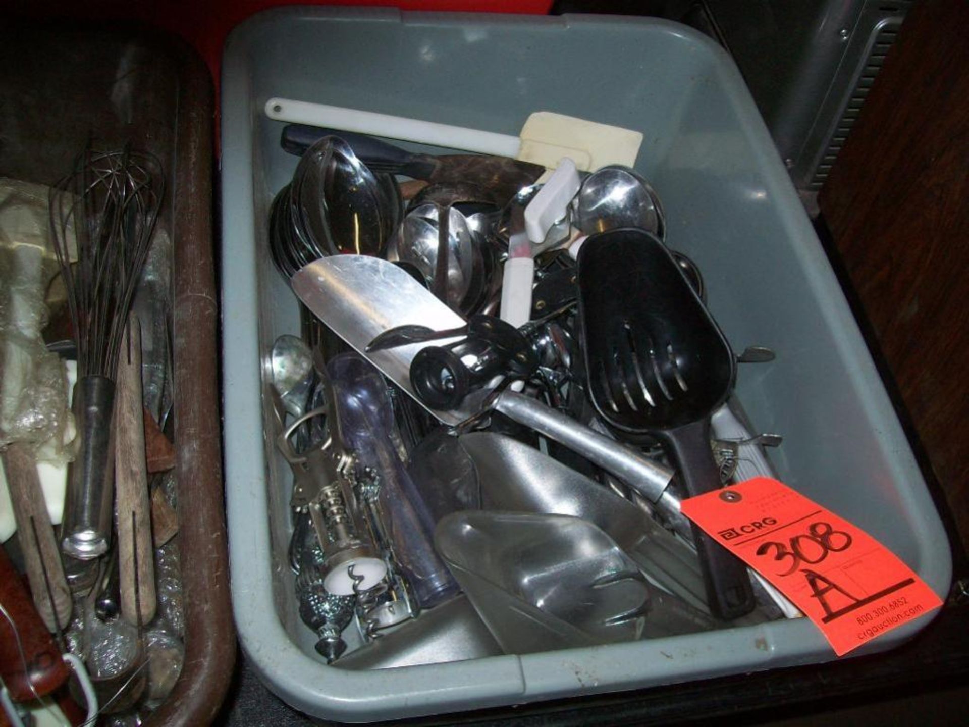 Lot of 300+/- assorted utensils including serving forks/spoons, spatulas, ice scoops, knives, bottle