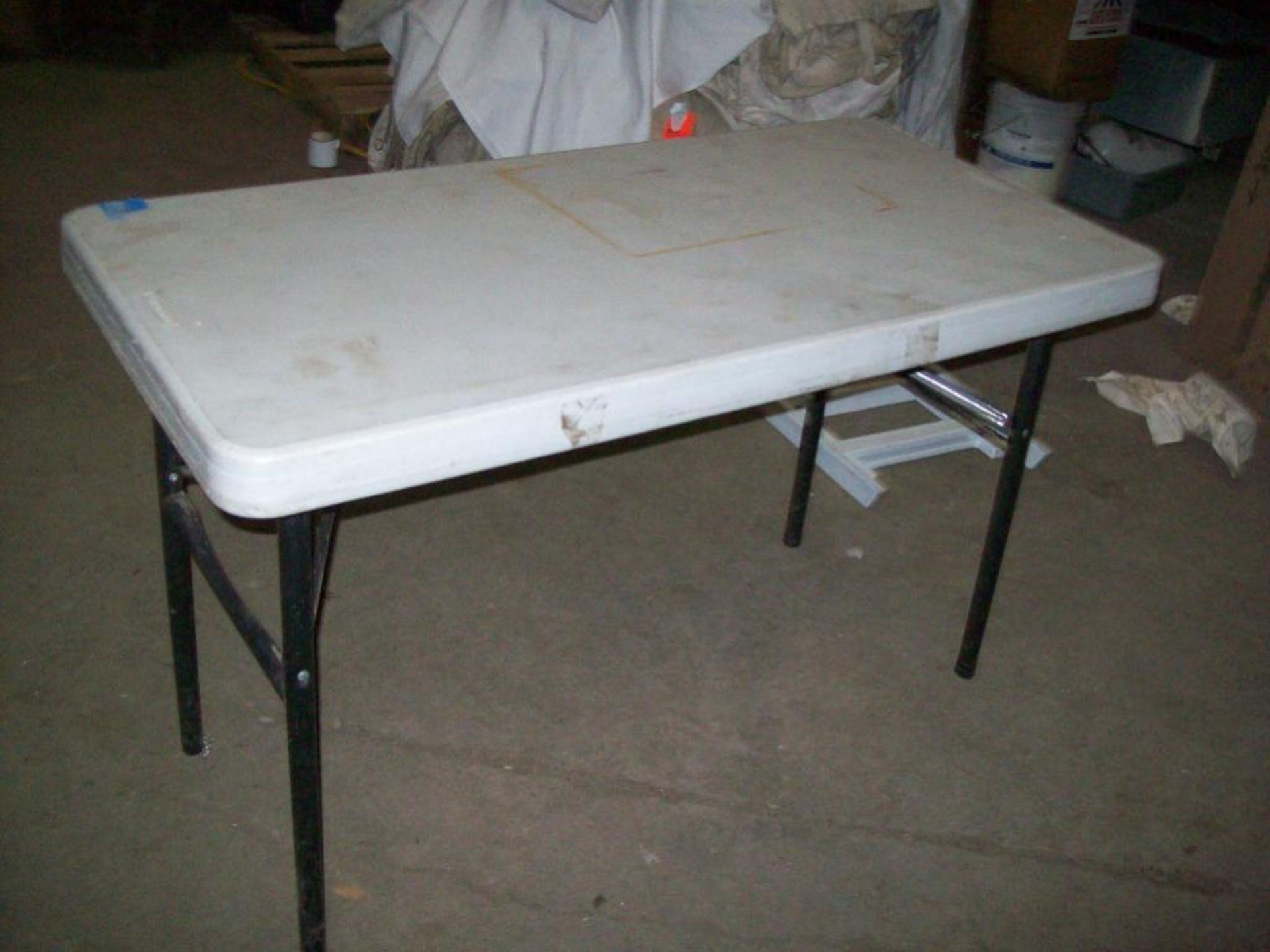 Lot of (5) assorted plastic tables with folding legs, (2) white 6' long, (2) black 6' long, and (1) - Image 2 of 3