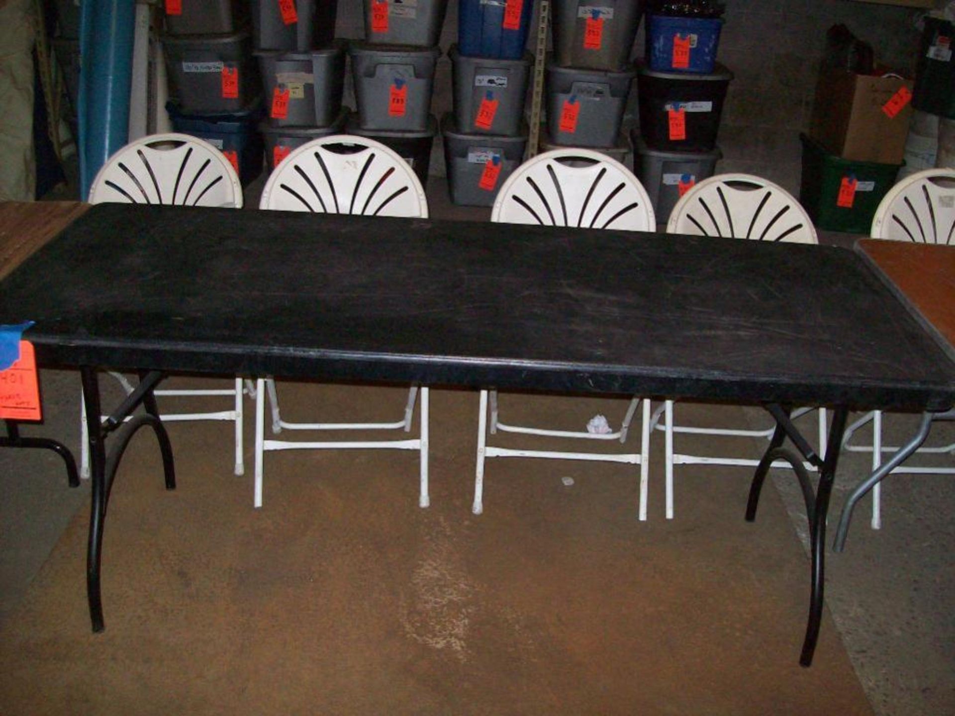 Lot of (5) assorted plastic tables with folding legs, (2) white 6' long, (2) black 6' long, and (1) - Image 3 of 3