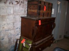 Antique buffet server with wooden chest, tray stand, and flatware organizer