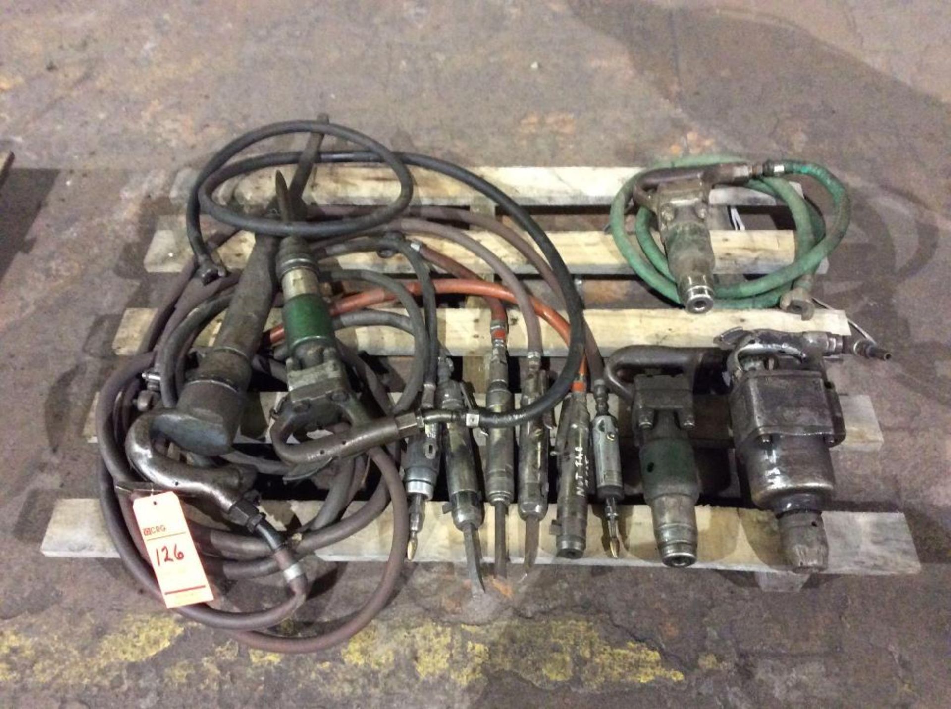 Lot of asst pneumatic tools including (5) hammer drills, (4) chisels, and (2) grinders