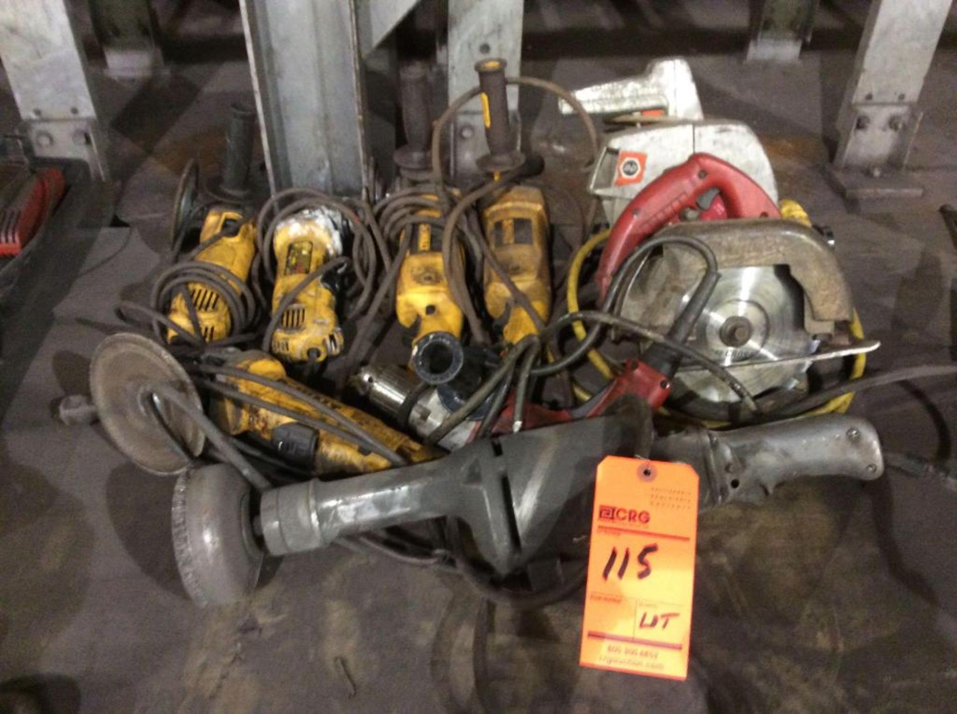 Lot of (9) asst electric hand tools including (5) Dewalt grinders, (2) Milwaukee 7 1/4 " circular