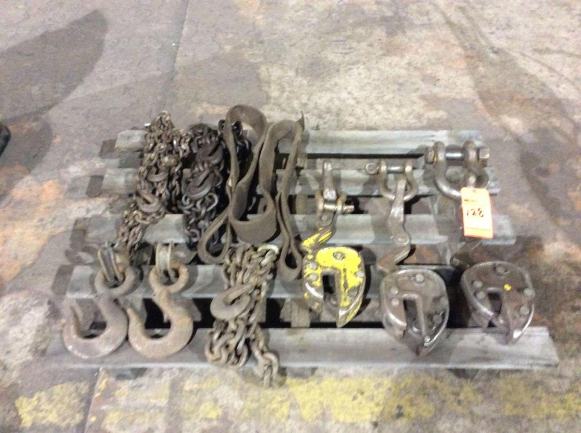 Lot of asst lifting accessories including chains and (3) lifting clamps