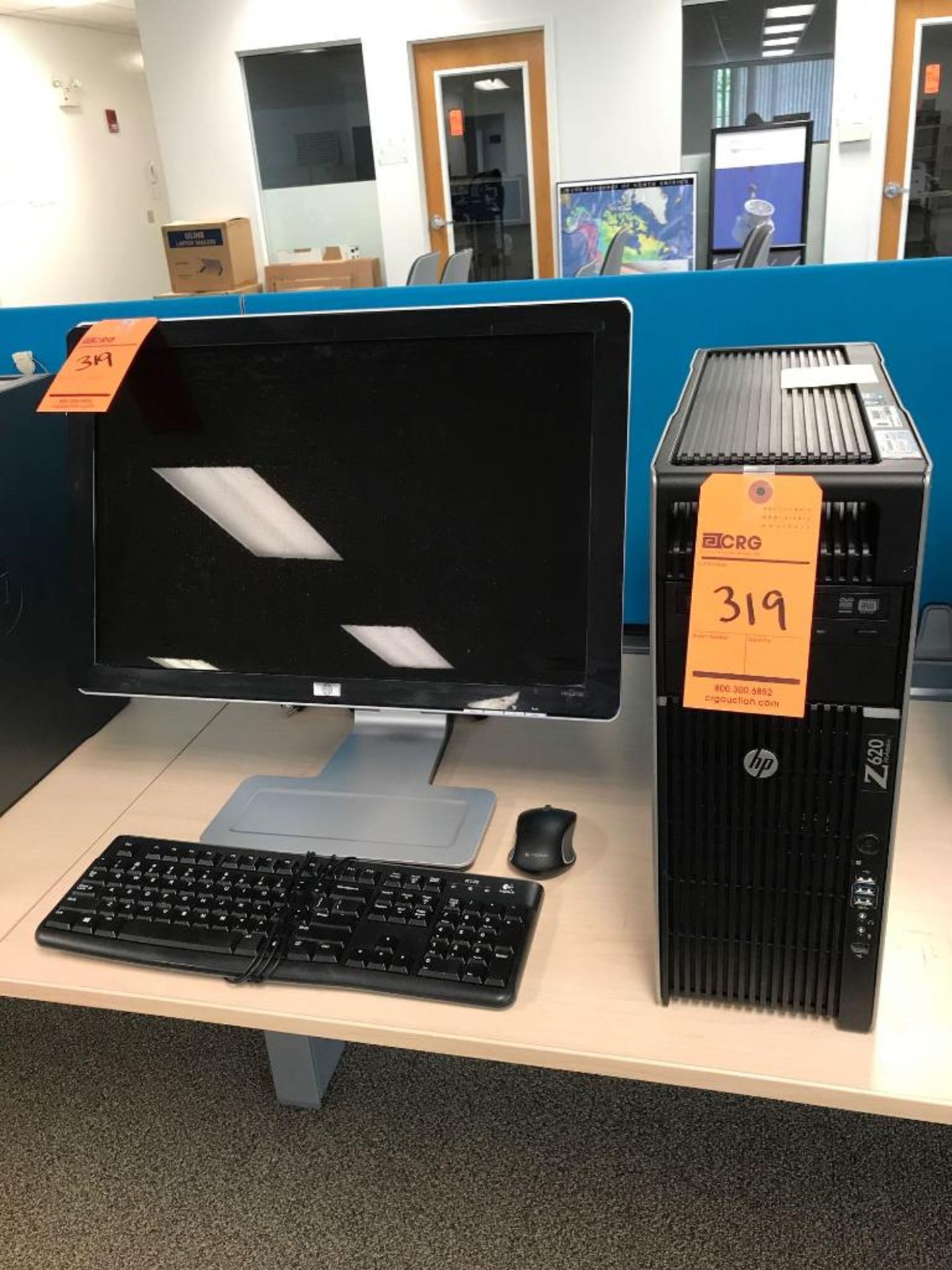 HP Z620 Workstation PC with HP adjustable height monitor, Logitech keyboard and wireless mouse. 500G