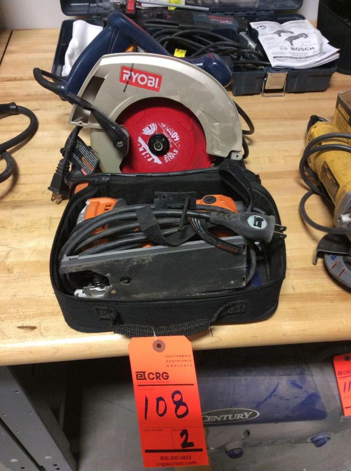 Lot of (2) ast hand tools including Ryobi 7 1/4 inch electric circular saw mn CSB123 and Ridgid jigs