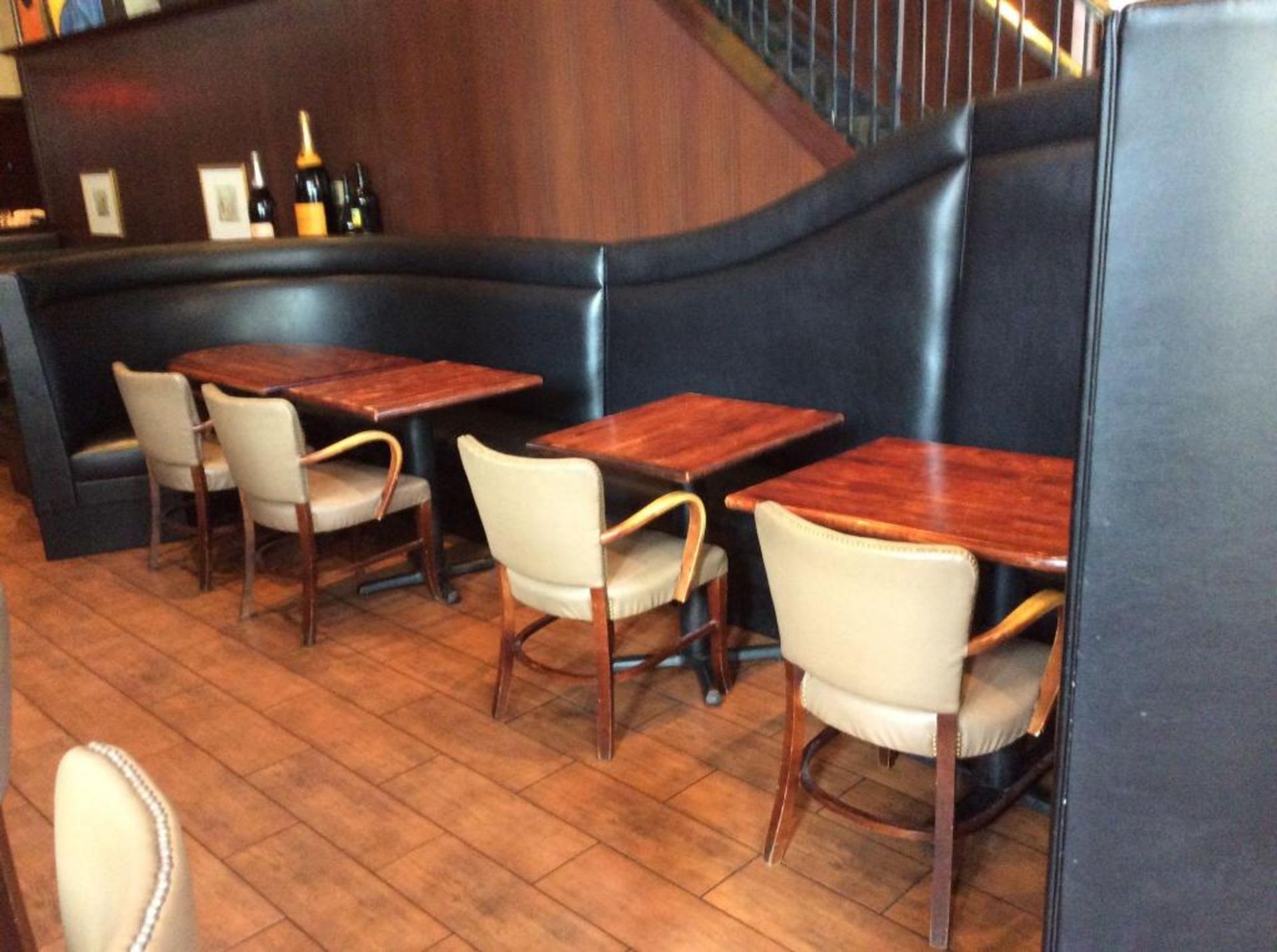 Approx. 18' x 66" wide custom upholstered 3 pc booth wih (2) 24" x 27" wood pedestal tables and (2)