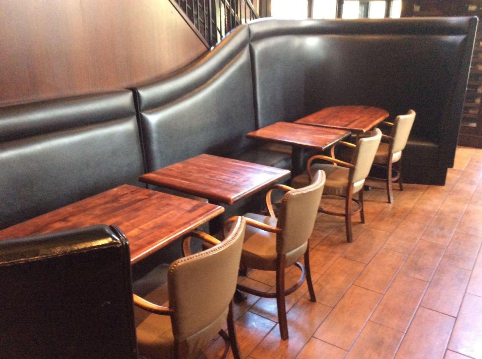 Approx. 18' x 66" wide custom upholstered 3 pc booth wih (2) 24" x 27" wood pedestal tables and (2) - Image 2 of 2