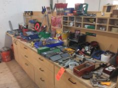 Lot of asst hand tools and shop accessories including Hammers, wrenches, screw drivers, allen wrench