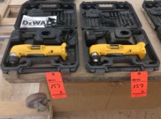 Lot of (2) 12 volt 3/8" cordless right angle drills, mn DW965 with battery, charger, and cases