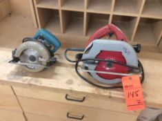 Lot of (2) circular saws including (1) Milwaukee 7 1/4" mn 6385, 5800 rpm (1) Makita 6" double insul