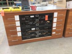 Lot f (2) wood cabinets with pull out drawera and asst screw inventory