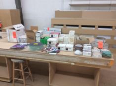 Lot of woodshop supplies including Sanding discs, resin cloth belts, spray adhesive, staples, magnet