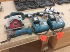 Lot of Makita 18 volt cordless tools including (2) battery chargers, (2) flashlights, (2) drills, 7
