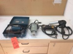 Lot of hand tools including Makita jig saw mn 4301 BV with case Bosch laminate trimmer mn 91263, 300