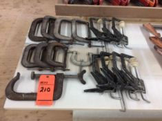 Lot of (16) asst C-clamps and (60) 9" heavy duty clips