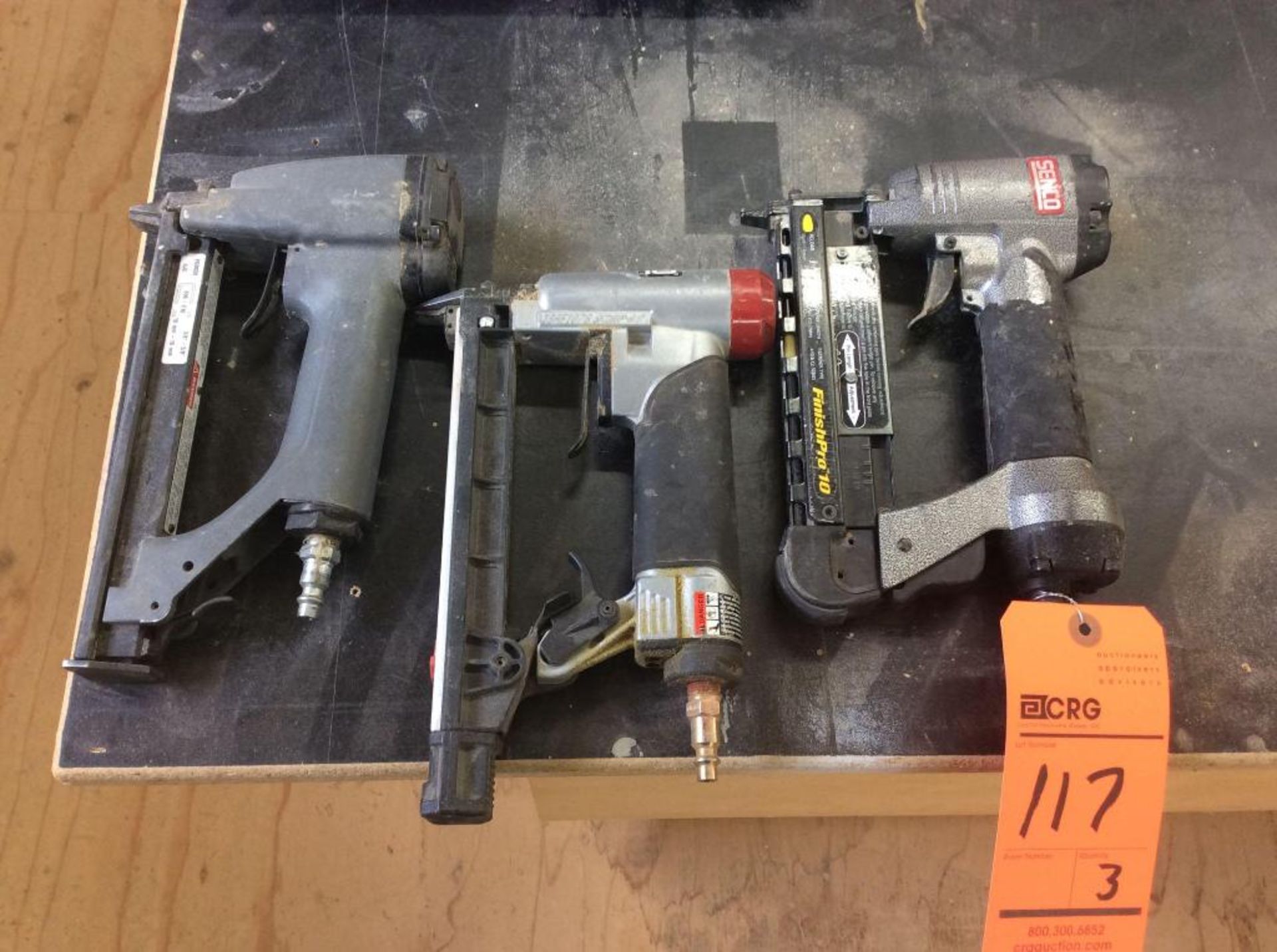 Lot of (3) asst Senco pneumatic nailers and staplers including (1) mn Finish Pro 10 nailer (1) mn SF