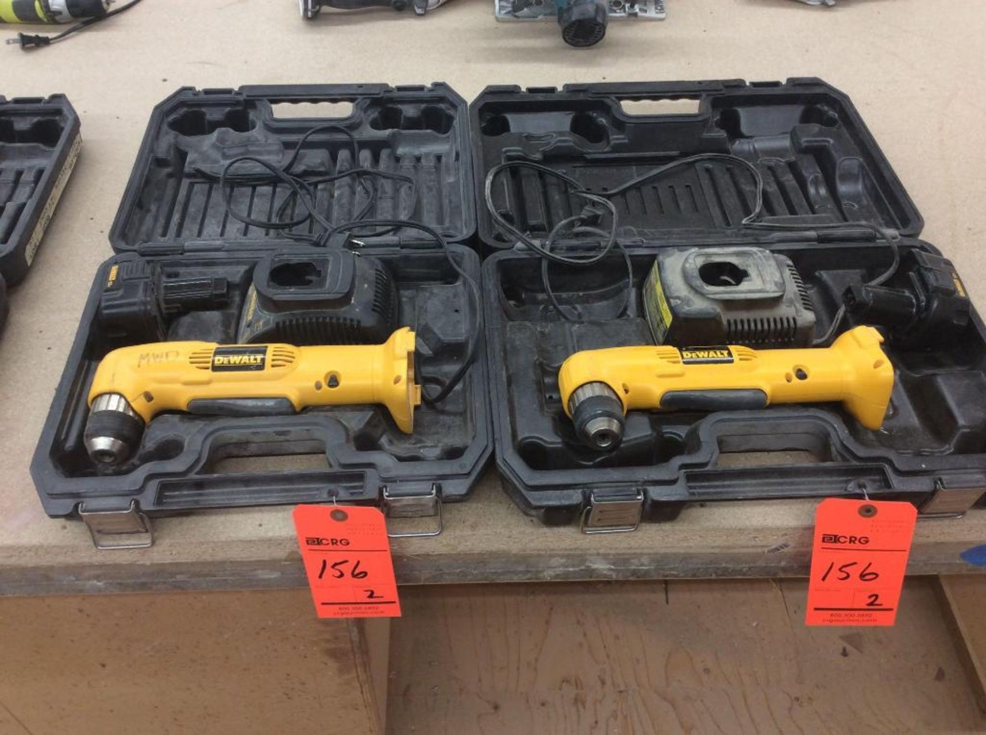 Lot of (2) 12 volt 3/8" cordless right angle drills, mn DW965 with battery, charger, and cases