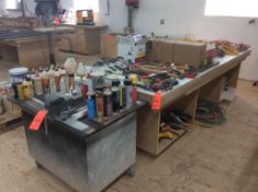 Lot of asst hand tools and shop equipment including Scrapers, rollers, wonder bar pry bars, caulk an