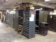 Lot of asst shelving and cabinets in store room, consisting of (6) rows LATE PICK UP AND REMOVAL TIM