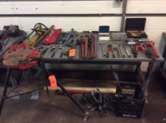 Lot of asst hand tools including, ridgid tristand pipe vise, asst pipe wrenches, torque wrench, pull