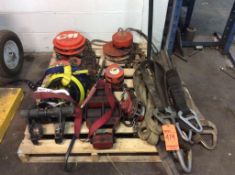 Lot of rigging equipment including, (2) 1 ton chain hoists, straps, trolley and safety harness